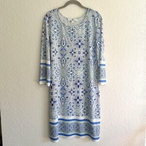 Jean Pierre Klifa Shift Dress Size Large Blue White Floral Cruise Coastal Preppy
